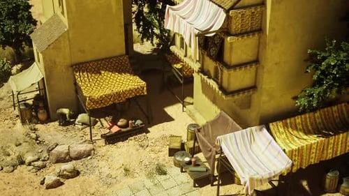 Sunlit Courtyard Featuring Shaded Seating and Textured Stones