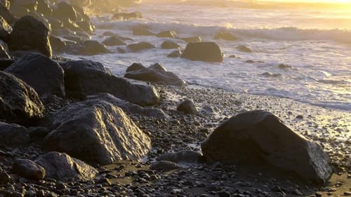 Ocean Waves Crashing on Black Volcanic Rocks Sea Coastline in Iceland