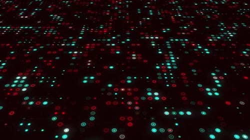 Abstract Digital Grid with Flickering Red and Cyan Dots