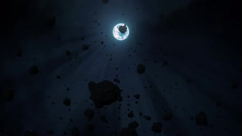 Moon glows in dark space with debris