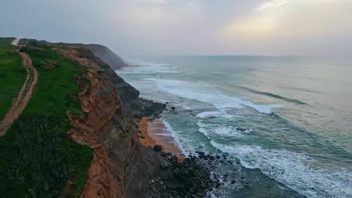 Cloudy Rocky Sea Shore Aerial View Stormy Ocean Waves Crashing Coastal Cliffs