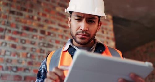 Tablet, man and thinking at construction site with engineering app, internet or online schedule