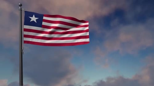 Liberia Flag Waving on Flagpole with Realistic Clouds