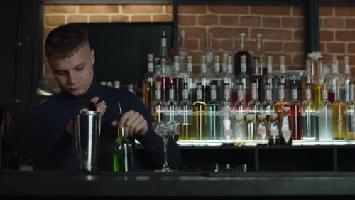 Handsome barman preparing cocktail drinks. Media. Concept of night life at bar, club, restaurant