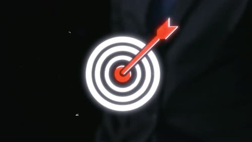 Digital target concept with arrow hitting center, data analysis, growth strategy, teamwork, and busi