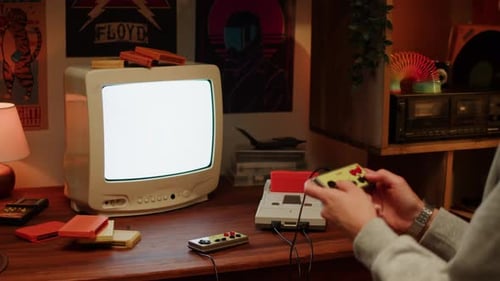 Vintage Tv Chroma Key Green Screen with Old TV Game Console with ROM Cartridge with TV Vintage Gamer