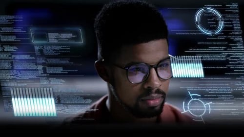 Hologram, man and programmer with focus, computer coding and digital software in the workplace