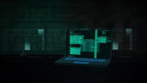 Digital Code and Data Visualization on a Futuristic Laptop