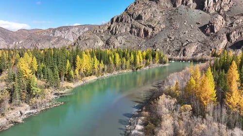 Turquoise river flowing through an autumn mountain forest