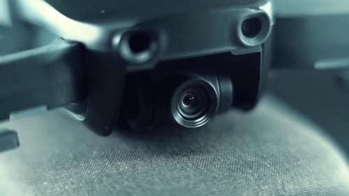 Drone Camera Lens on a stabilizer and sensors, hyper close up, aerial photography gear, professional