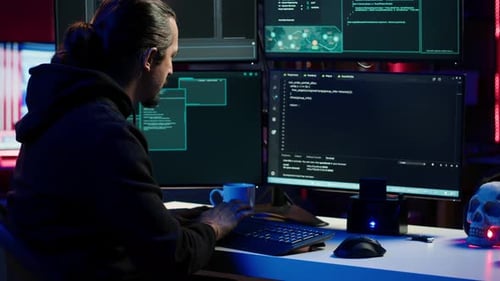 Hacker Typing Fast on Keyboard Rushing to Finish Developing Spyware Software