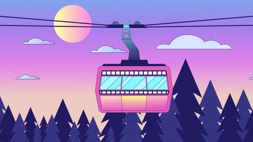 Animated Cable Car Moving Through a Colorful Mountain Landscape