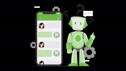 robot assistant virtuel pour smartphone, chatbot, intelligence artificielle cellulaire AI 4k animation alpha