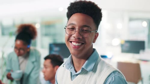 Happy man, software developer and glasses with pride for app development
