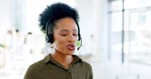 Contact us, call center or black woman speaking or talking in communications company office desk