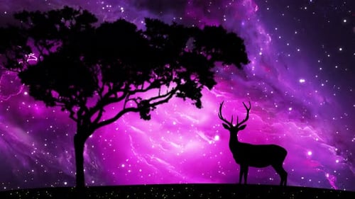 Kinematographie: Silhouette gehörnter Waldhirsche vor violettem Himmel, bewegte Sterne.