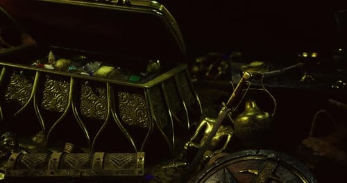 Animated Golden Treasure Chest with Ancient Artifacts