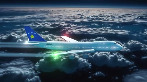 Commercial Airliner Passanger Plane Jumbo Jet Flying At Night Over Clouds With Country Flag Kosovo