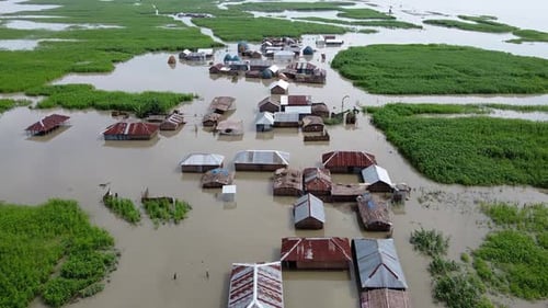 Aerial view of flooded village, Bangladesh.
