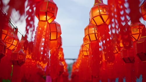 Hanging one hundred of multi colours lantern light lamp for Loy Krathong Festival in Lampune.