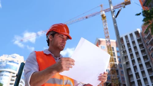 Man Examines Building Plans at Construction Site