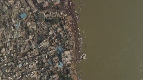 Aerial shot of varanasi, banks of ganges. Varanasi city bird's eye view.
