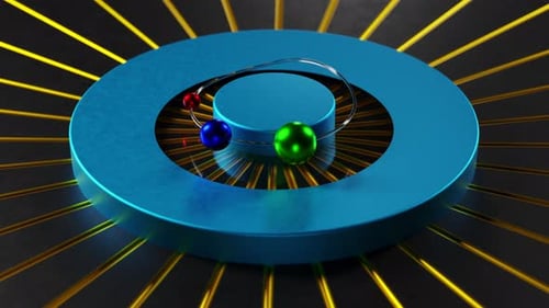 Futuristisches Objekt mit einem Glasring und Metallkugeln auf schwarz-gelbem Hintergrund. Loop-Animation