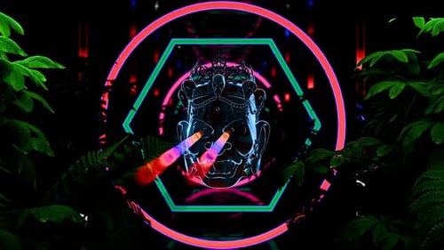 Lebendige abstrakte Neonkunst mit kulturellem Gesichtsdesign in üppiger Umgebung
