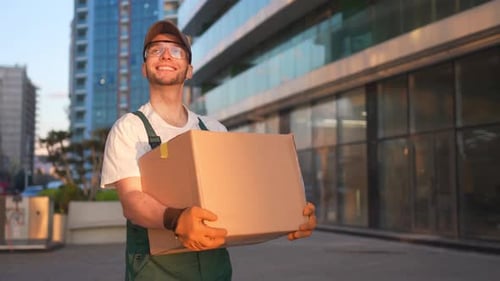 Happy Man Carrying Cardboard Box in Urban Setting