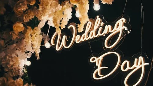 Wedding Day Glowing Neon Sign with Elegant Flowers