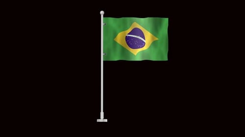 Realistic Waving Brazilian Flag on a White Flagpole