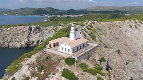 Capdepera Lighthouse on a Cliff in Majorca Spain, Aerial
