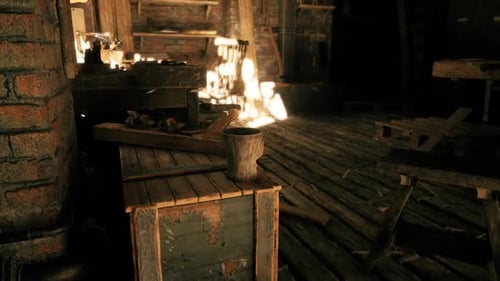 Rustic Workshop Interior with Sunlight Illuminating Wooden Furniture