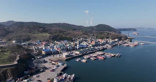Paisagem panorâmica do oceano e porto da costa oeste, Boryeong, Coreia do Sul