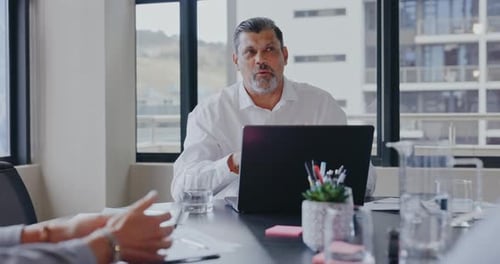 Senior business ceo, laptop or boardroom meeting in company financial planning