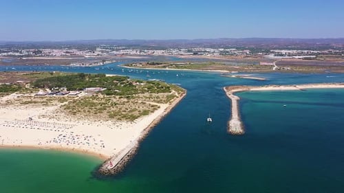 Aerial View Drone Shot of Tavira Portugal Algarve Aerial Pier Framed View of Lagoon and Sandy