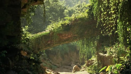 Lush Greenery Envelops a Natural Stone Bridge in a Serene Chinese Landscape