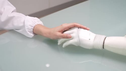 Une femme teste et touche la prothèse bionique en laboratoire.