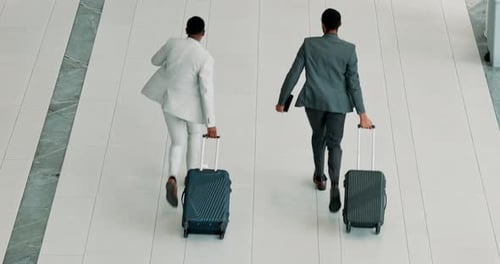 Hurry, airport and businessmen with luggage for travel, trip or journey above
