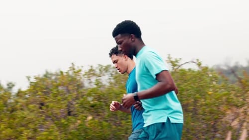 Fitness, mountain and friends outdoor with running, workout or training for marathon or race