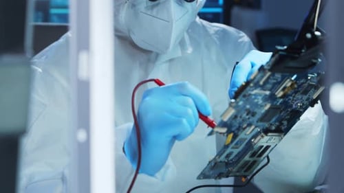 Technician Testing Circuit Board in Clean Room
