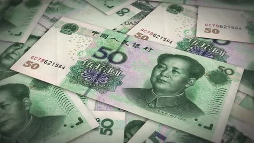 Pile of china yuan cash money, inflation concept. Closeup new china fifty yuan bills