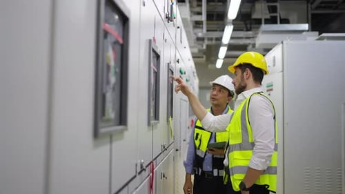 4K Two engineer working at factory server electric control panel room.