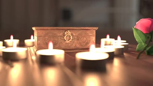 Romantic Candles Roses Heart Shape Around Antique Chest