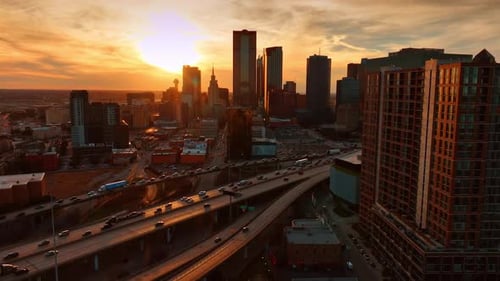Sun setting above the cityscape of Dallas, Texas, USA.