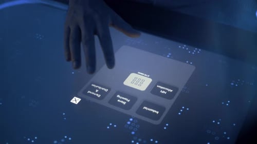 Man touching an interactive digital interface as a new technology on a touchscreen table.