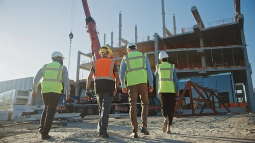 Vielfältiges Spezialistenteam inspiziert die Baustelle von Kommerziell- und Industriegebäuden.
Immobilien