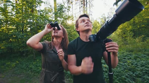 Observation des
oiseaux dans le parc. Couple observant les oiseaux avec des jumelles et un appareil photo avec téléobjectif
