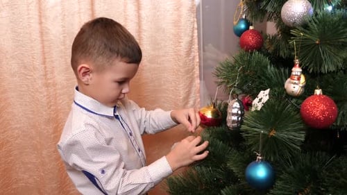 Boy Decorating a Christmas Tree Indoors
