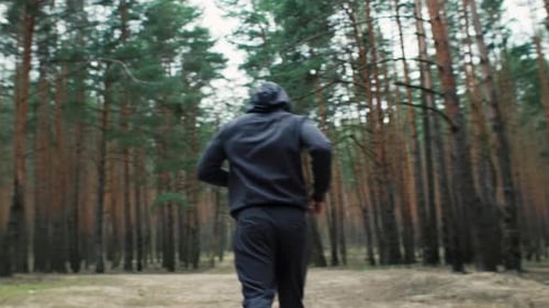 Young Fit Athlete Man Runs in the Forest Morning Outdoor Run in the Nature Healthy Lifestyle